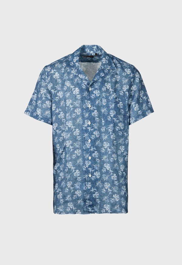 Blue Paul Stuart Linen Leaf Print Camp | UK_PAUL77058