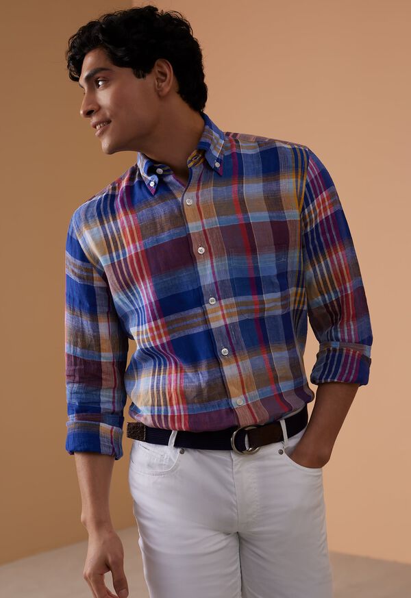 Blue / Pink Paul Stuart Linen Plaid | UK_PAUL52752