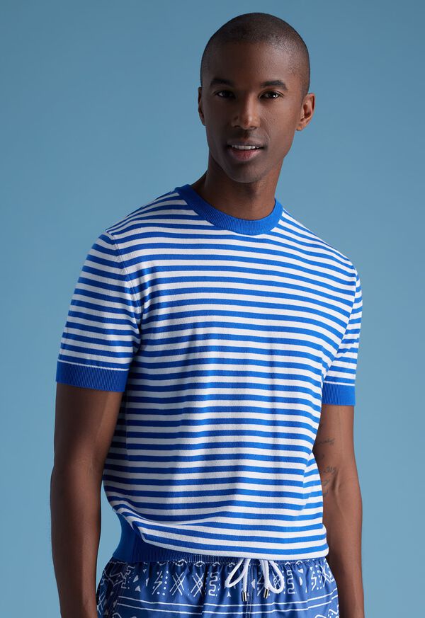 Blue / White Paul Stuart Stripe Knit Short Sleeve Crewneck | UK_PAUL17432