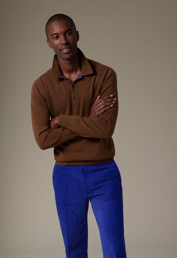 Brown / Lavender Paul Stuart Cashmere Long Sleeve Polo with Suede | UK_PAUL68695