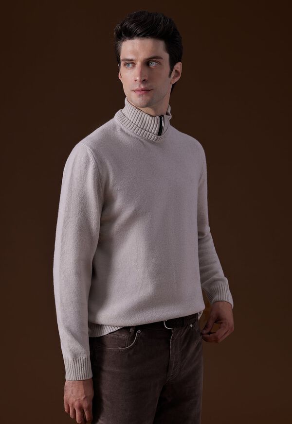 Cream Paul Stuart Wool & Cashmere Mock Neck Zip | UK_PAUL39810