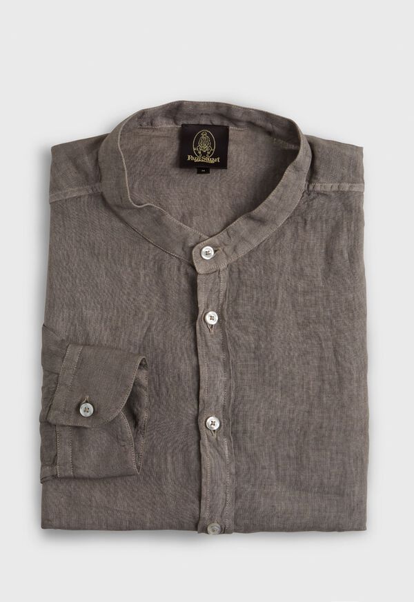 Grey Brown Paul Stuart Band Collar Washed Linen | UK_PAUL92646