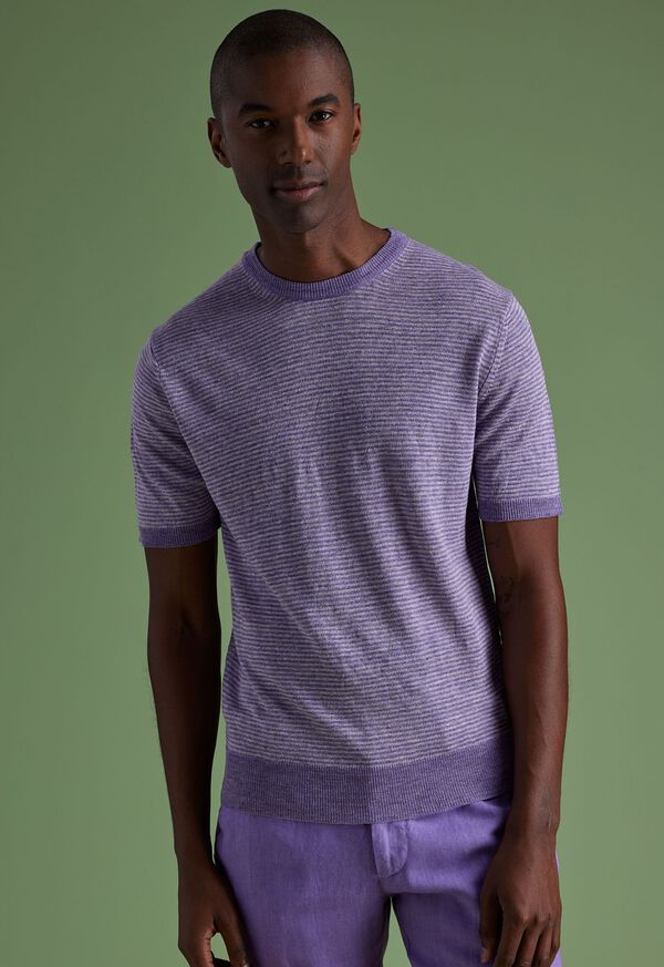 Lavender Paul Stuart Striped Short Sleeve Linen Crewneck | UK_PAUL36002