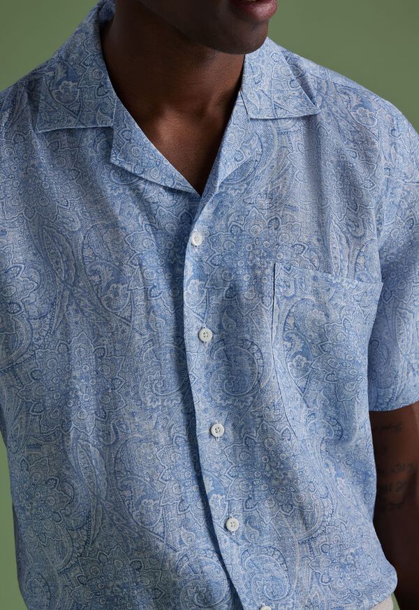 Light Blue Paul Stuart Linen Paisley Print Camp | UK_PAUL79658