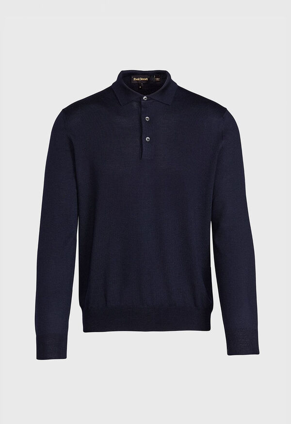 Navy Paul Stuart Long Sleeve Merino Wool Polo Shirt | UK_PAUL22682