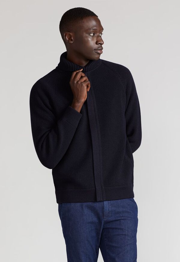 Navy Paul Stuart Merino Wool Ribbed Full Zip Cardigan | UK_PAUL71038