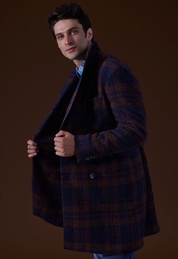 Navy / Brown Paul Stuart Double Breasted Boucle Plaid Coat | UK_PAUL91474