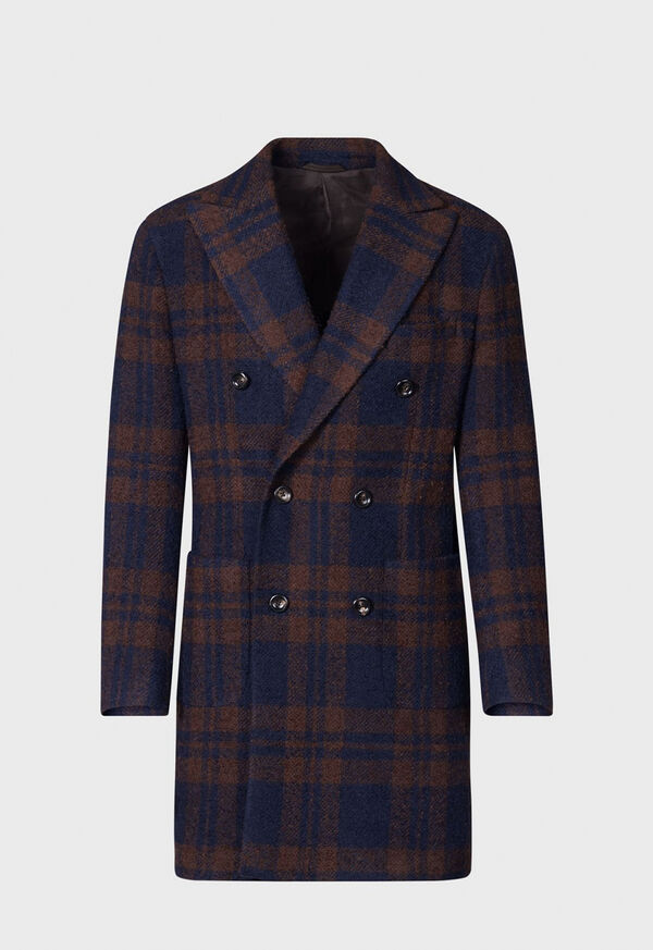 Navy / Brown Paul Stuart Double Breasted Boucle Plaid Coat | UK_PAUL91474