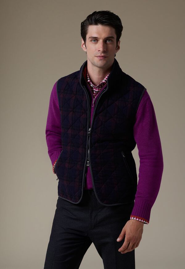 Navy / Burgundy Paul Stuart Wool Plaid Quilted Vest | UK_PAUL28300