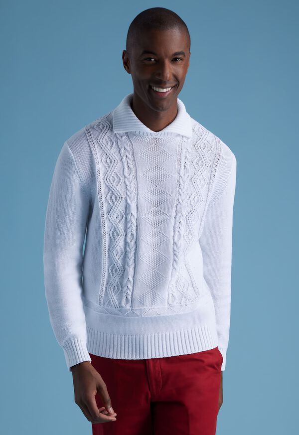 White Paul Stuart Aran Cable Mock Neck Cotton | UK_PAUL42415