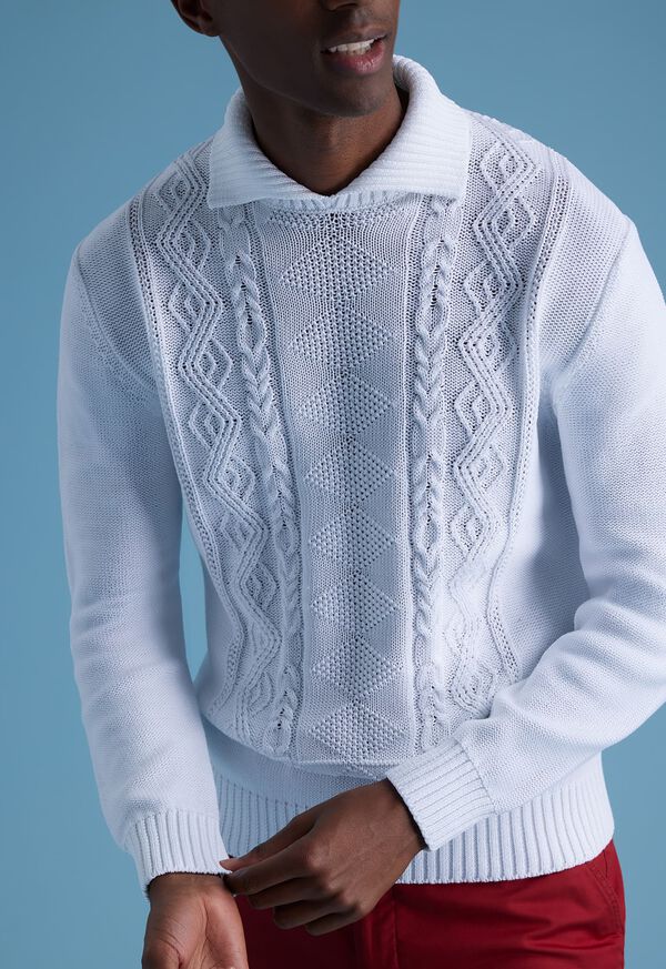 White Paul Stuart Aran Cable Mock Neck Cotton | UK_PAUL42415