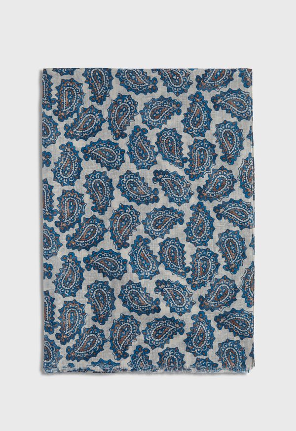 White / Blue Paul Stuart Cotton & Linen Paisley Print Scarf | UK_PAUL32872