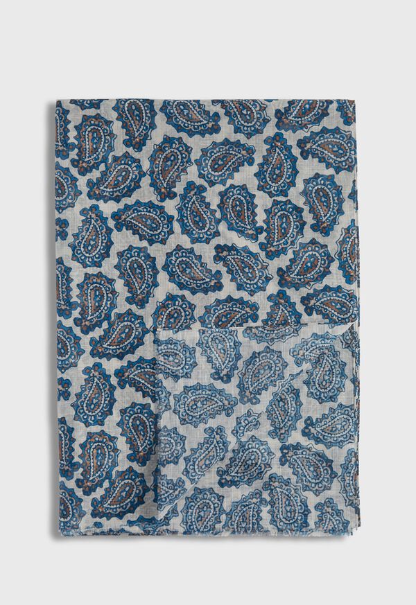 White / Blue Paul Stuart Cotton & Linen Paisley Print Scarf | UK_PAUL32872