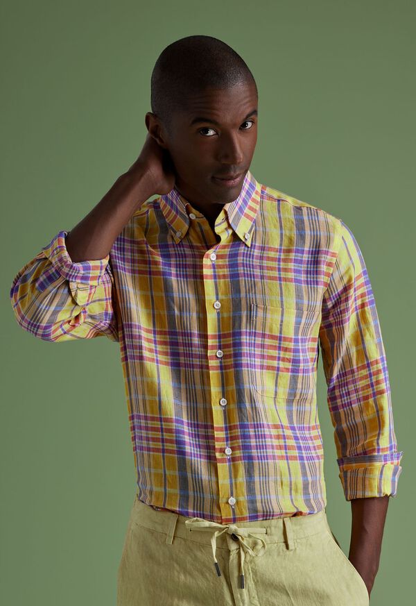 Yellow / Purple Paul Stuart Linen Plaid | UK_PAUL29695